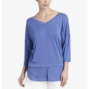 Express Women's 3/4 Sleeve Oversized V Neck T Shirt Blue Size XS